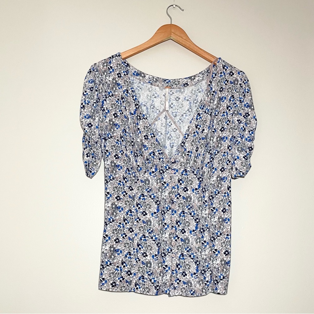 Free People Blue Floral Short Sleeve Top